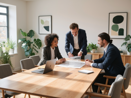 现代化办公环境中员工讨论工作，白色会议桌配笔记本电脑，明亮自然光照明