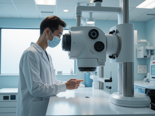 医院检验科室内，医生正在使用显微镜观察血样，白色工作服配专业设备