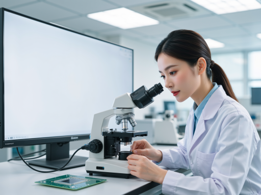 工厂质检部门内工人使用显微镜检查电子元件，精密仪器配工业环境