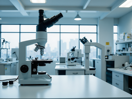 立体显微镜正面视角，双目镜筒配大物镜，白色塑料外壳，实验台上使用状态